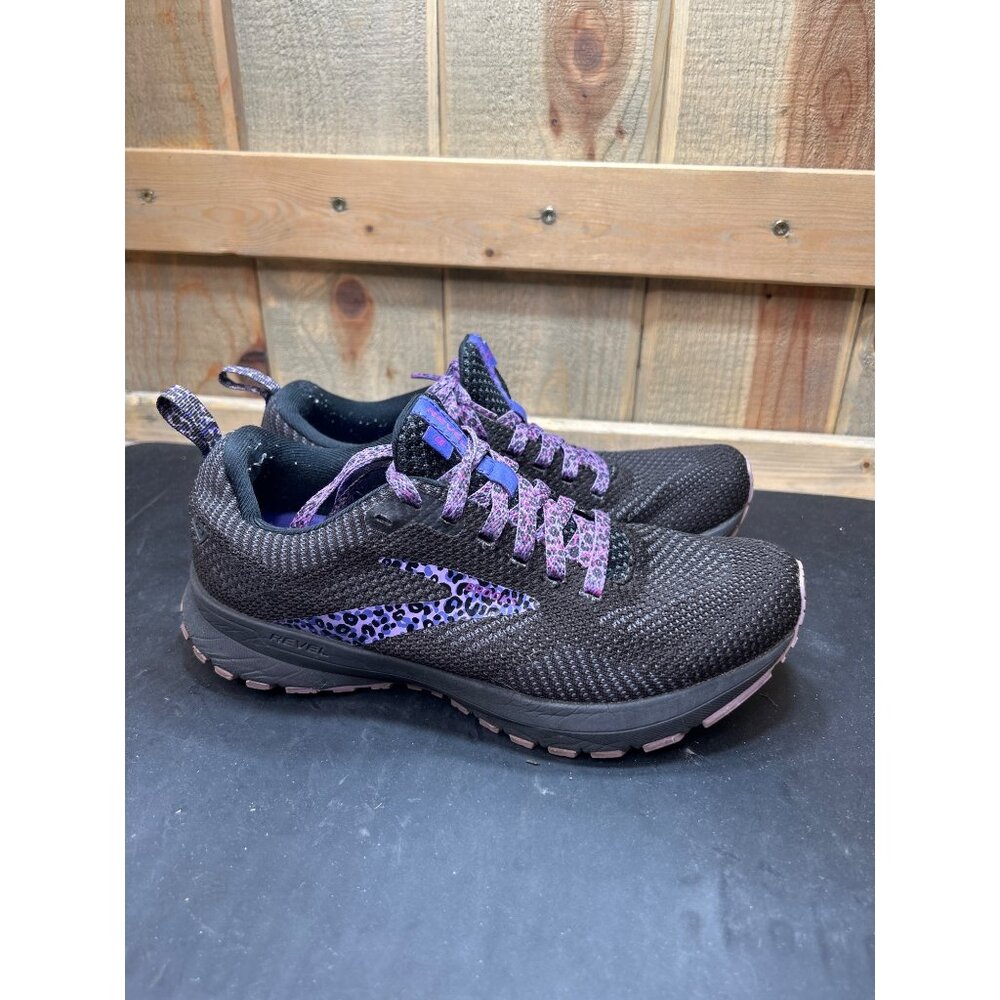 Brooks Revel 5 Womens Running Shoes 6.5 Black & Purple Leopard Print Mesh Lightw